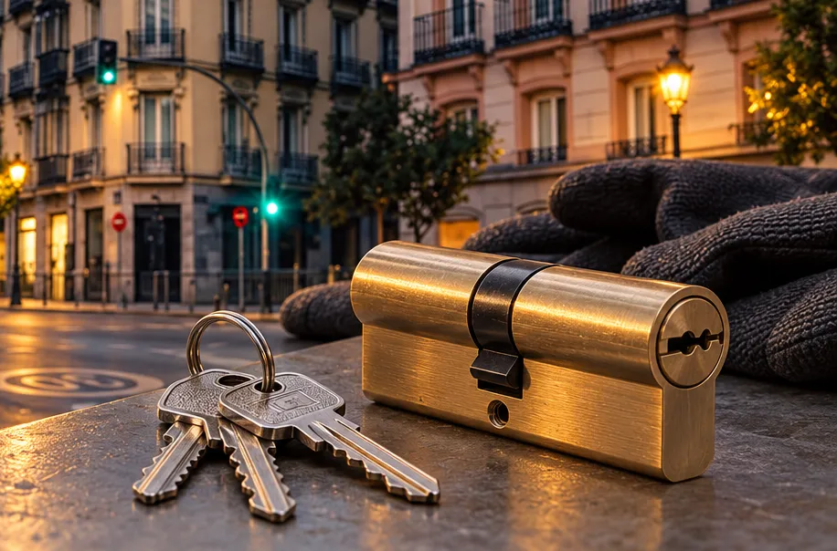 Bombín nuevo con llaves para cambiar el bombín de un piso en el barrio de Justicia, Madrid