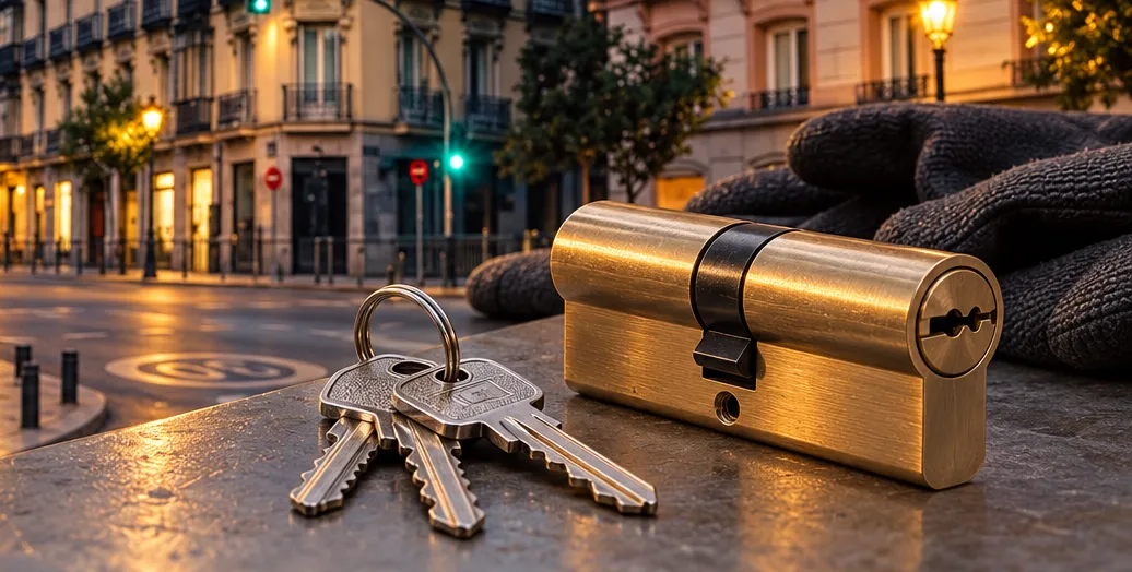 Bombín de latón con llaves en una calle de Universidad (Malasaña), Madrid, al atardecer