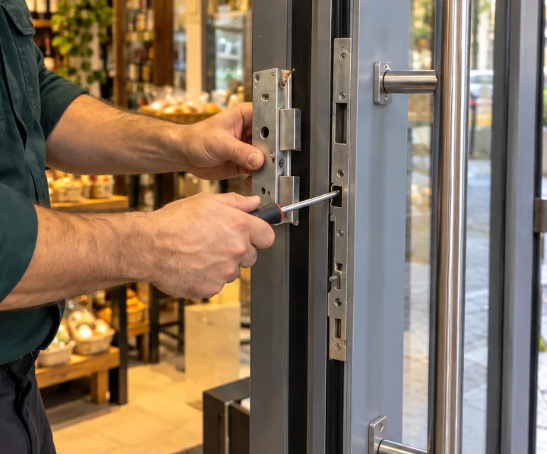 Cerrajero montando una cerradura de seguridad de varios puntos en Alcorcón