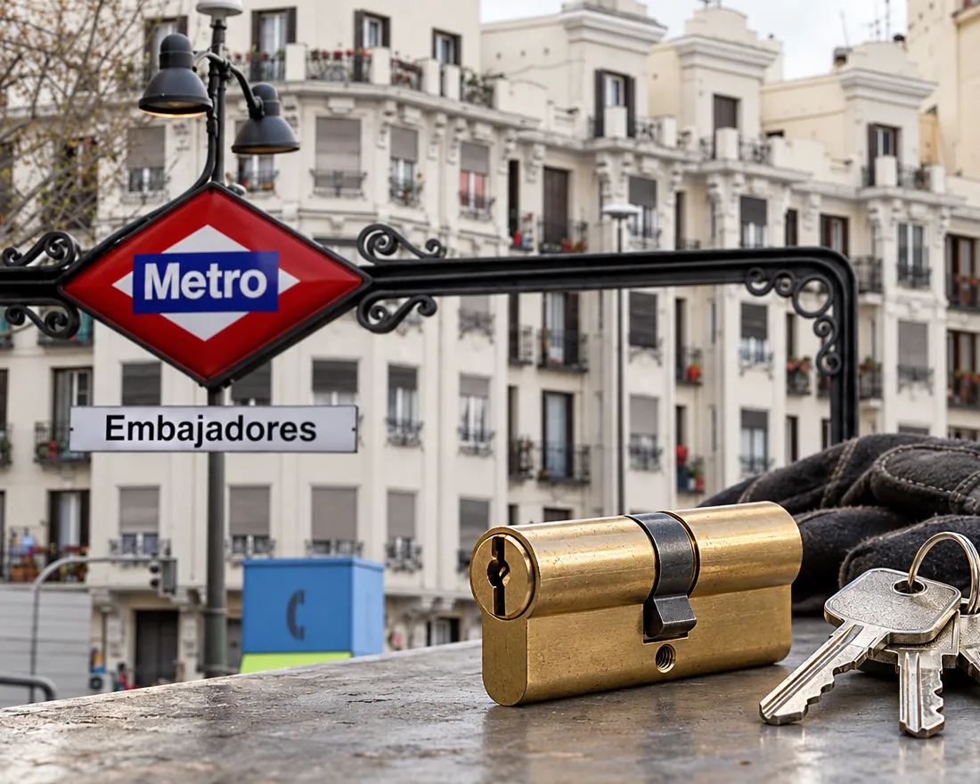 Cartel de metro Embajadores y bombín nuevo con llaves para reforzar la puerta de un piso
