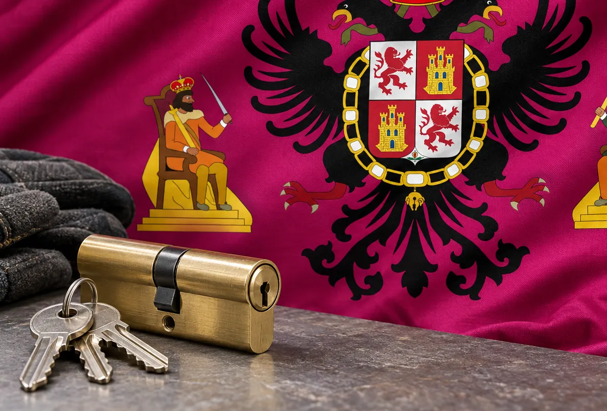 Cerrajeros en Ajofrín: bandera de la provincia de Toledo y un bombín nuevo con llaves