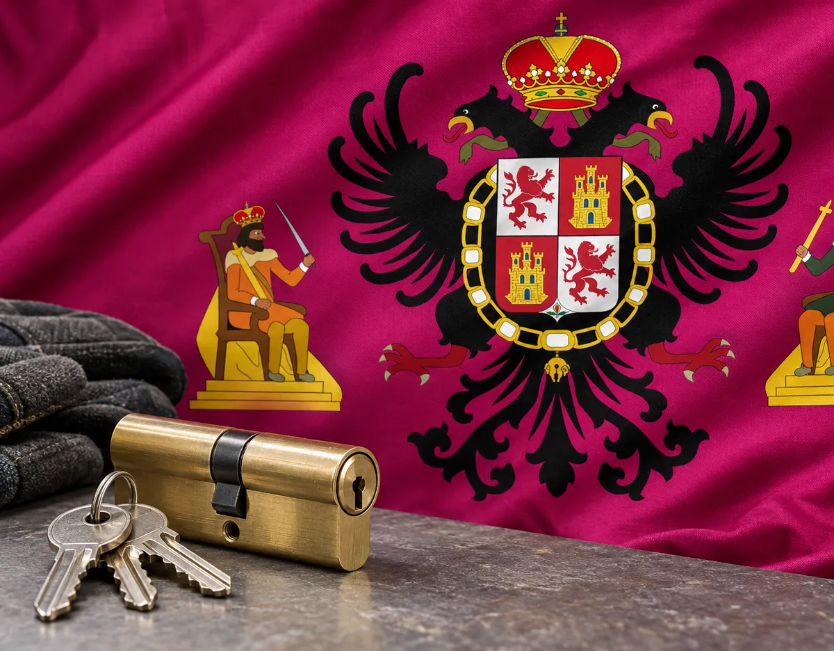 Cerrajeros en Almonacid de Toledo: bandera de la provincia de Toledo y un bombín nuevo con llaves
