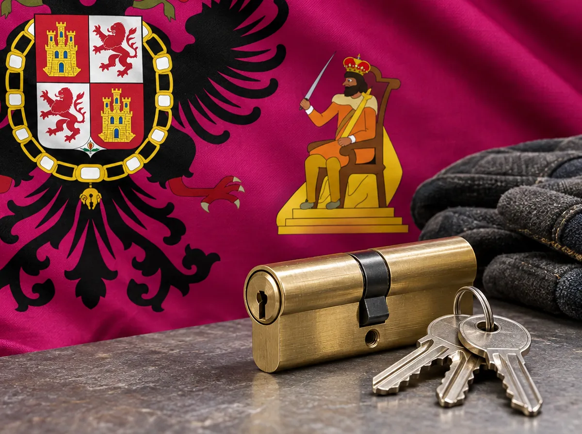 Cerrajeros en Casasbuenas: bandera de la provincia de Toledo y un bombín nuevo con llaves