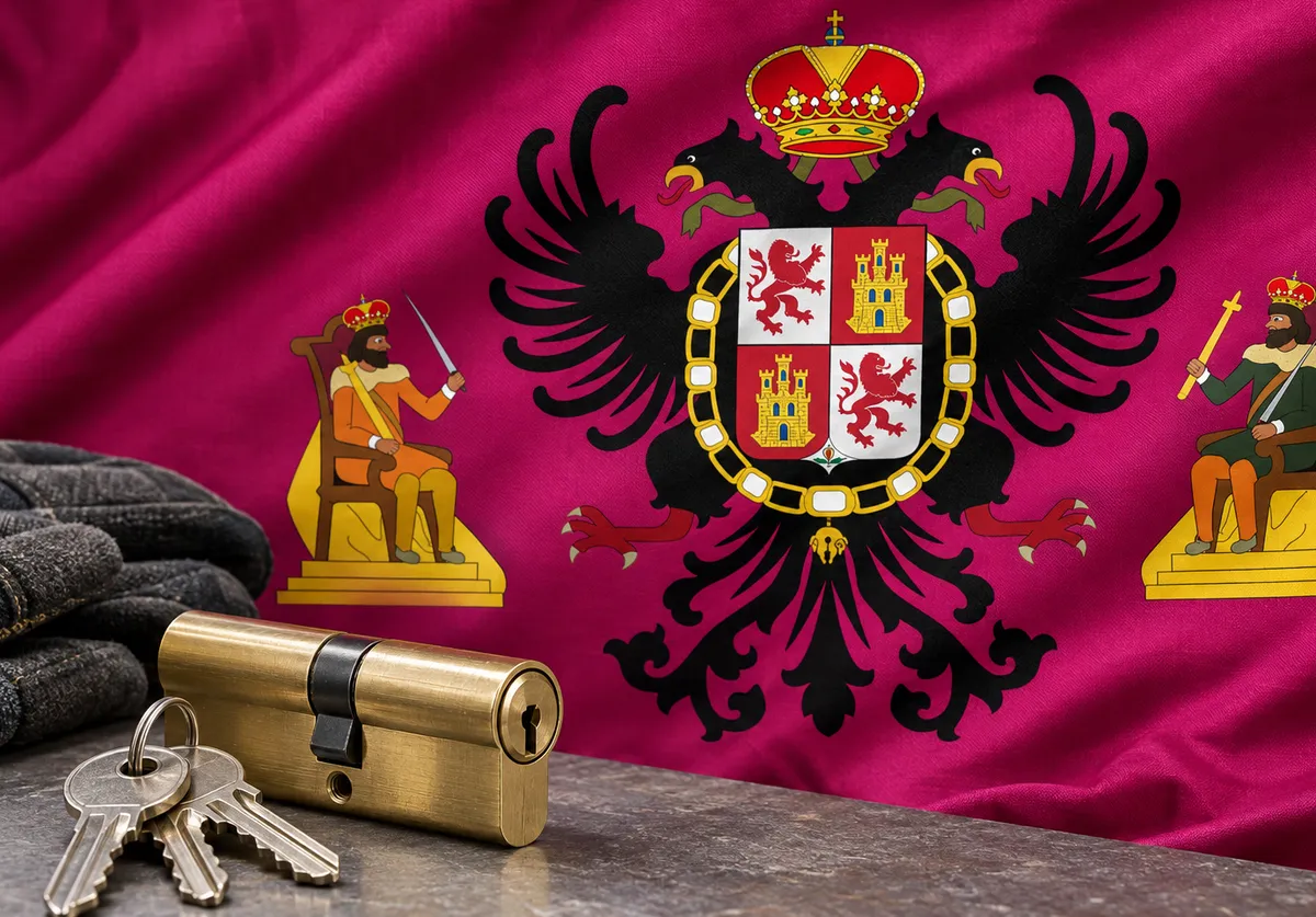 Cerrajeros en Cazalegas: bandera de la provincia de Toledo y un bombín nuevo con llaves