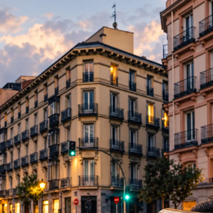 Fachadas de edificios antiguos al atardecer: cerrajero para comunidades en Universidad (Malasaña), Madrid