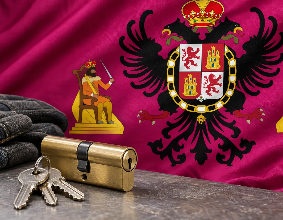Cerrajeros en El Carpio de Tajo: bandera de la provincia de Toledo y un bombín nuevo con llaves