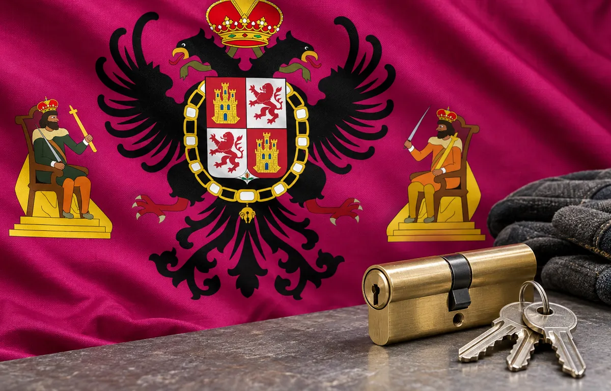 Cerrajeros en Garciotum: bandera de la provincia de Toledo y un bombín nuevo con llaves