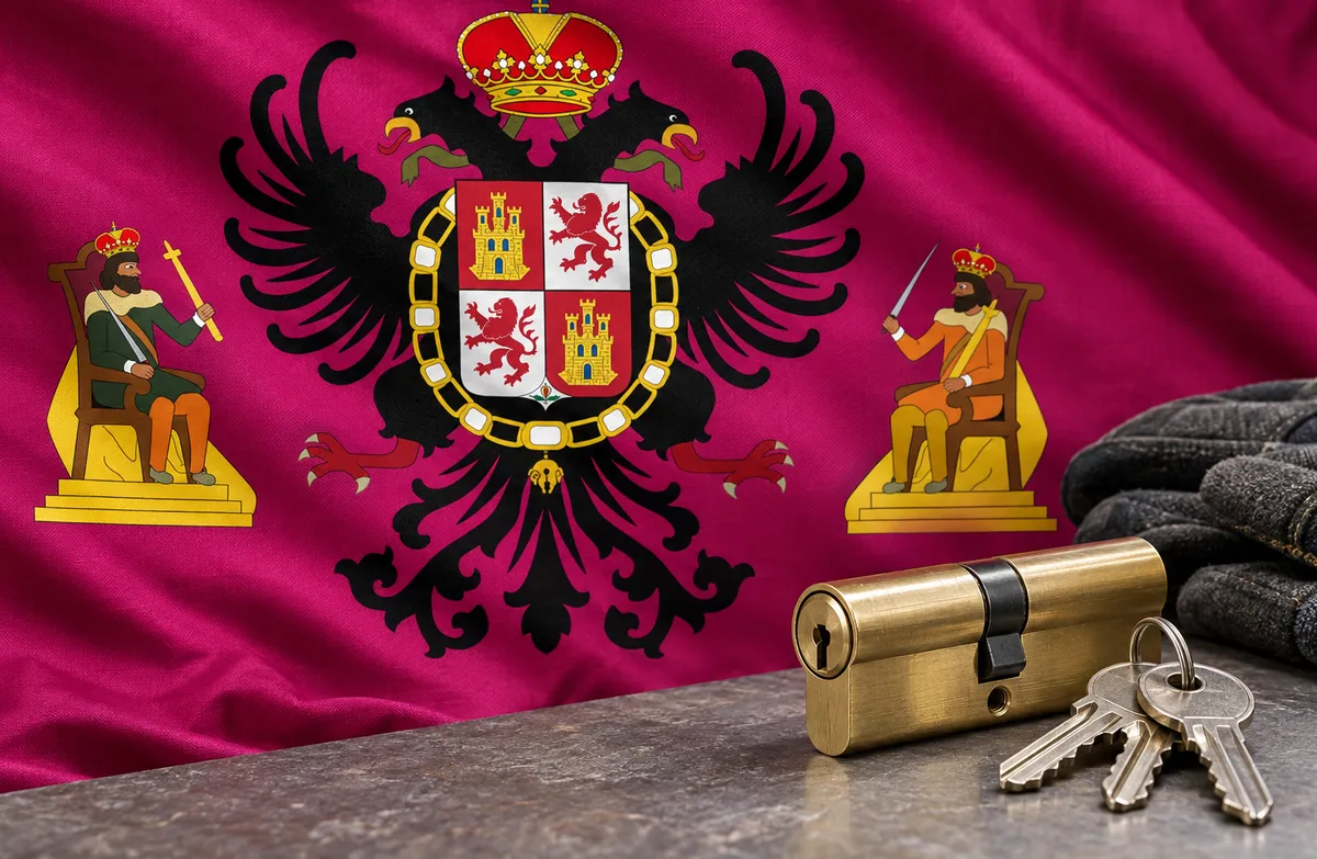 Cerrajeros en Hinojosa de San Vicente: bandera de la provincia de Toledo y un bombín nuevo con llaves
