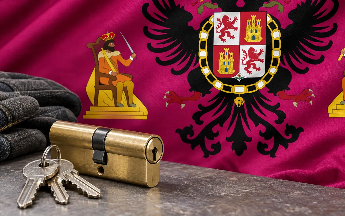 Cerrajeros en La Mata: bandera de la provincia de Toledo y un bombín nuevo con llaves