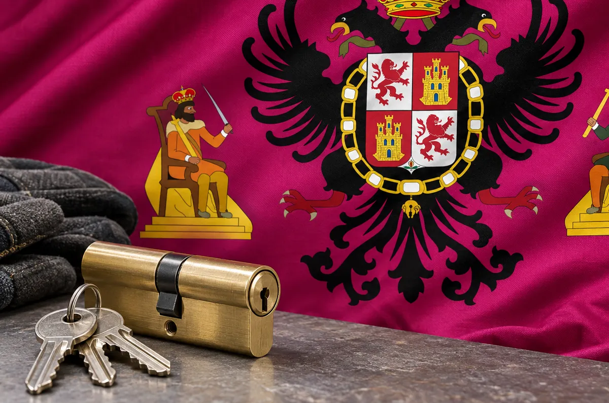 Cerrajeros en La Pueblanueva: bandera de la provincia de Toledo y un bombín nuevo con llaves
