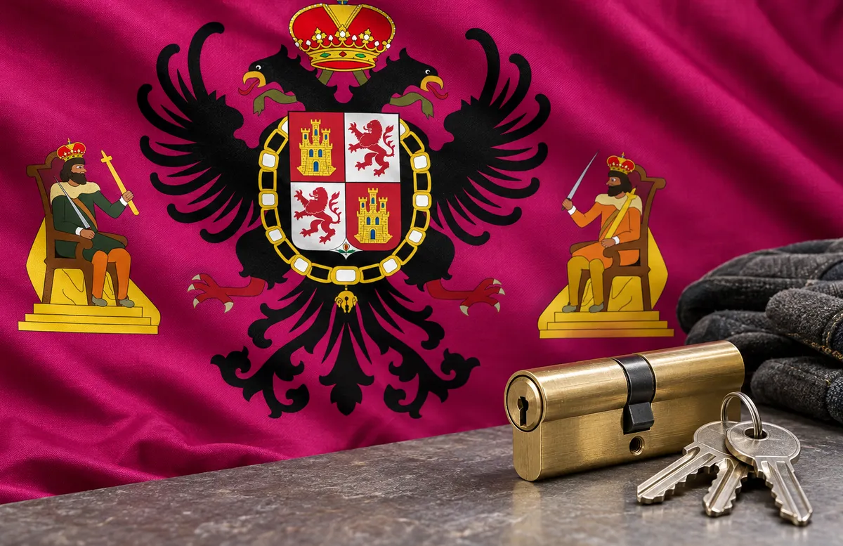 Cerrajeros en La Torre de Esteban Hambrán: bandera de la provincia de Toledo y un bombín nuevo con llaves