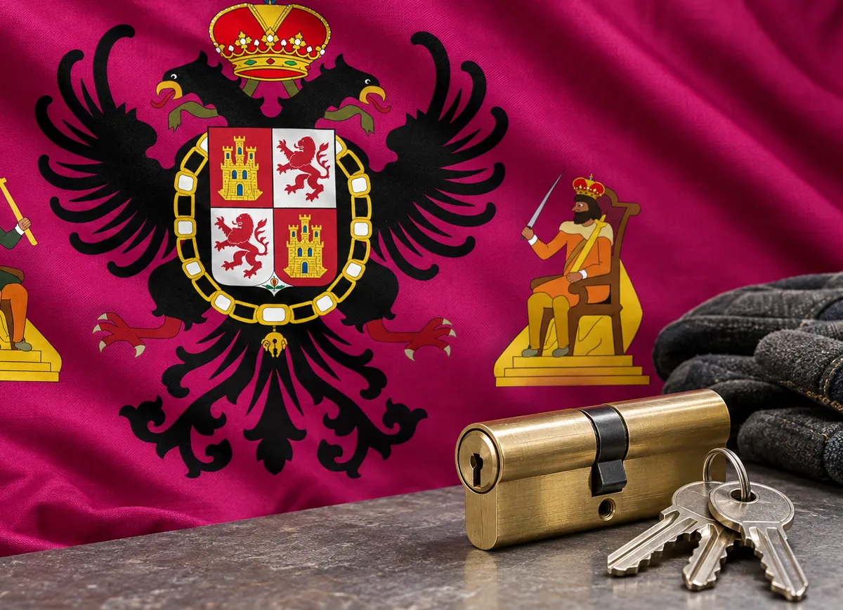 Cerrajeros en Layos: bandera de la provincia de Toledo y un bombín nuevo con llaves