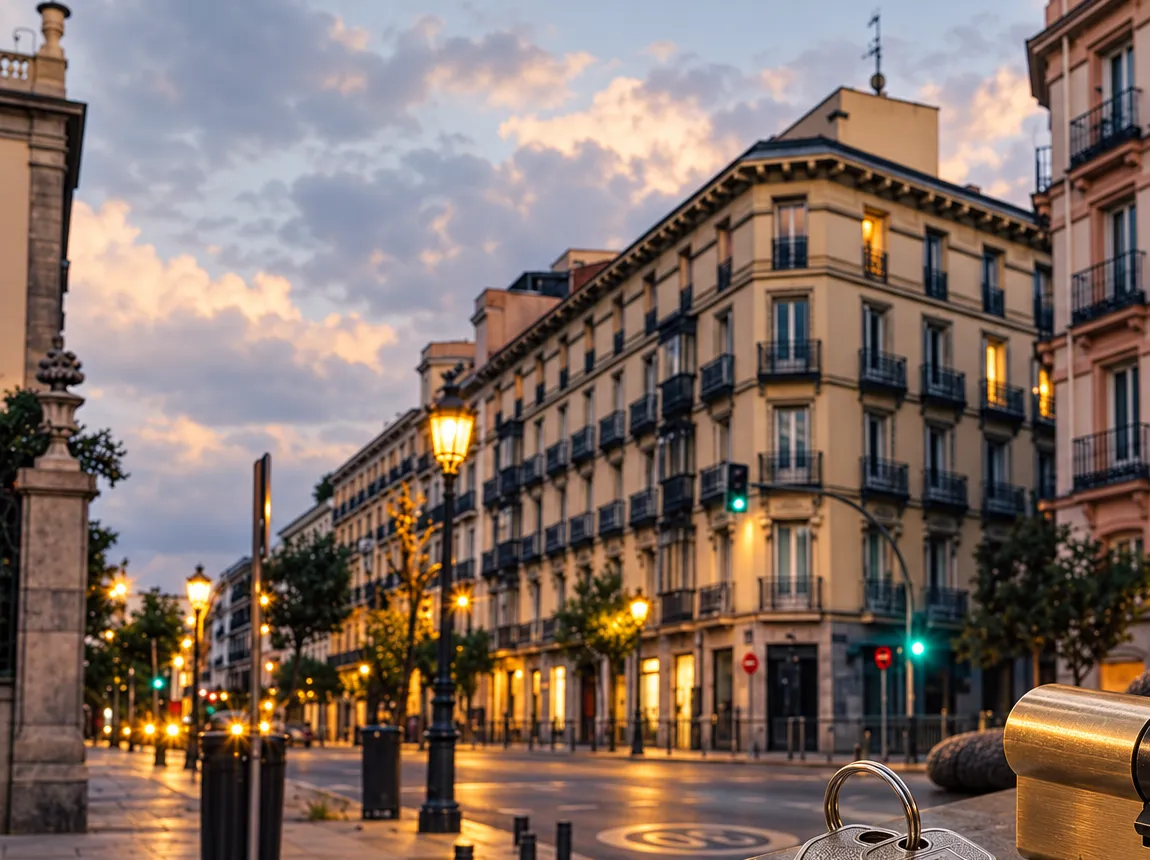 Calle comercial del centro de Madrid y bombín con llaves: cerrajero para negocios en Justicia