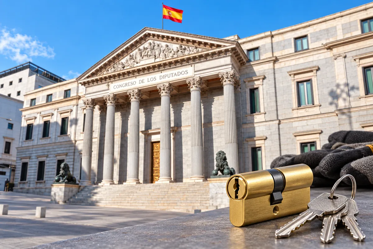 Cerrajero en el barrio de Cortes, Madrid: fachada del Congreso de los Diputados con sus leones y bombín nuevo con llaves