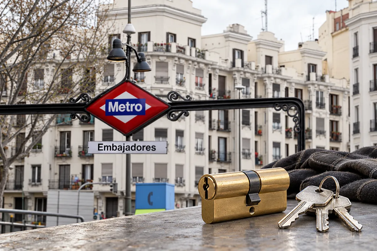 Cartel de metro Embajadores delante de edificios antiguos y bombín nuevo con sus llaves