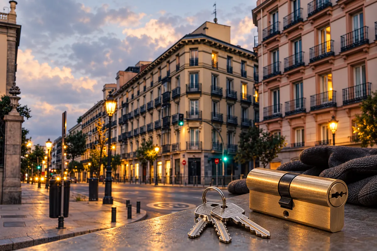 Calle del centro de Madrid al atardecer y bombín nuevo con llaves, barrio de Justicia