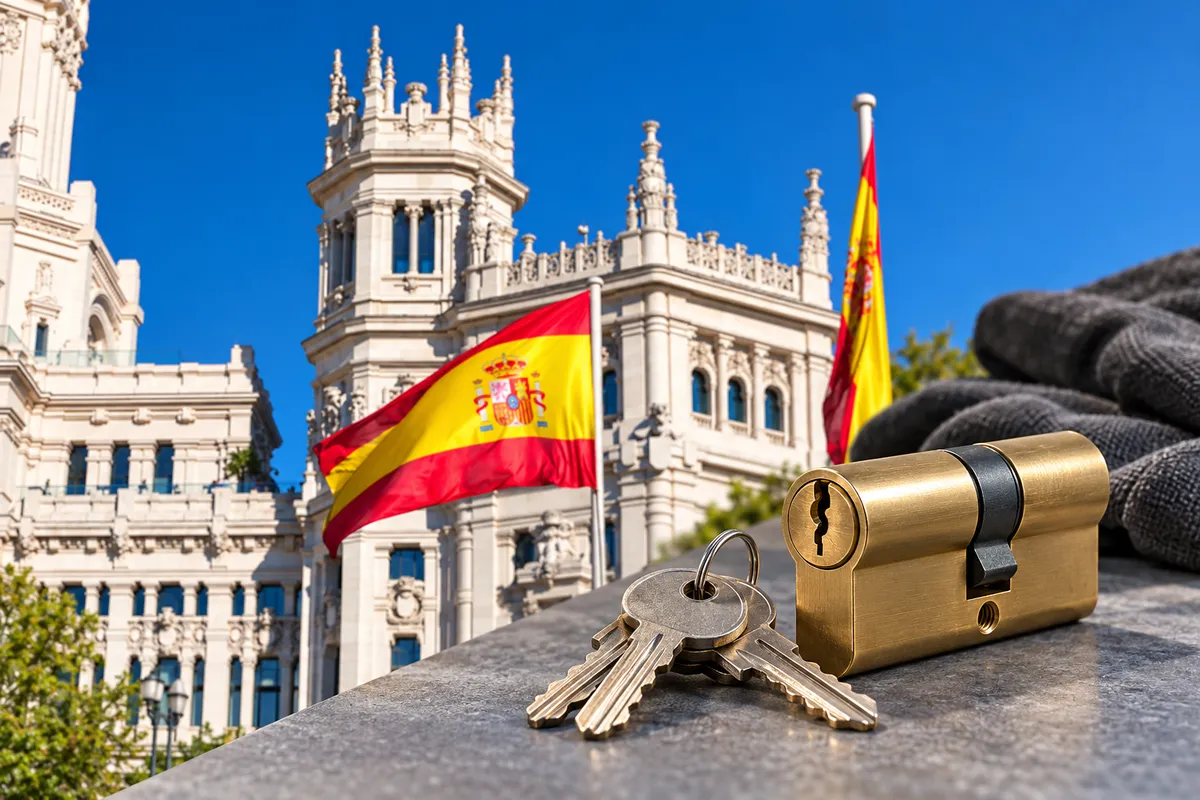 Cerrajero en el barrio de Palacio, Madrid: bandera de España y bombín nuevo con sus llaves