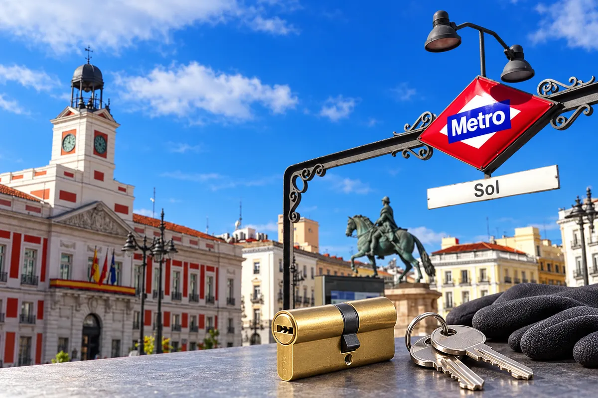 Cerrajero en Sol, Madrid: Puerta del Sol con el reloj de la Real Casa de Correos, la estatua de Carlos III, el cartel del Metro y un bombín con llaves