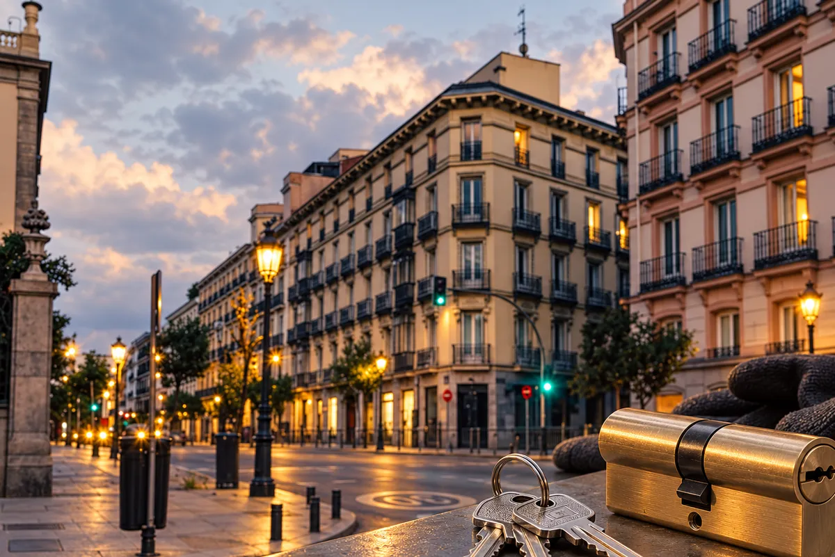 Calle con edificios antiguos al atardecer y bombín de latón con llaves: cerrajero en Universidad (Malasaña), Madrid
