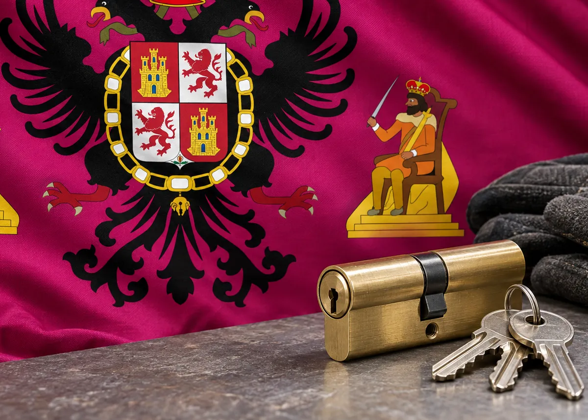 Cerrajeros en Malpica de Tajo: bandera de la provincia de Toledo y un bombín nuevo con llaves