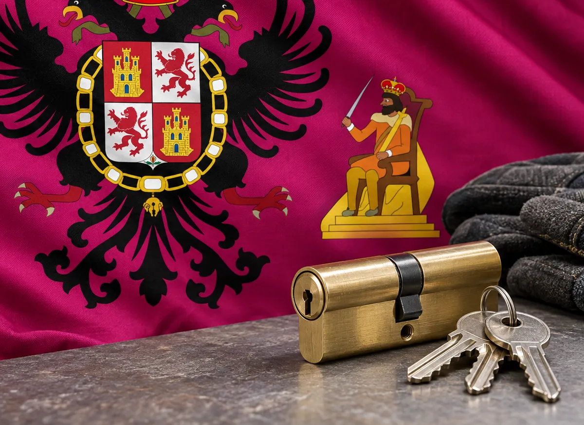 Cerrajeros en Mazarambroz: bandera de la provincia de Toledo y un bombín nuevo con llaves
