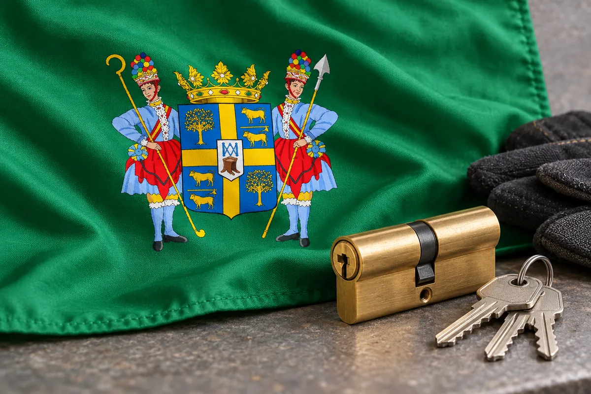 Cerrajeros en Méntrida: bandera de Méntrida con su escudo y un bombín nuevo