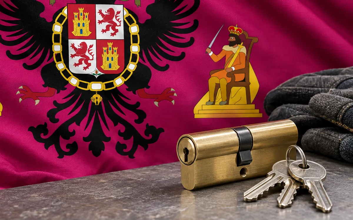 Cerrajeros en Montearagón: bandera de la provincia de Toledo y un bombín nuevo con llaves