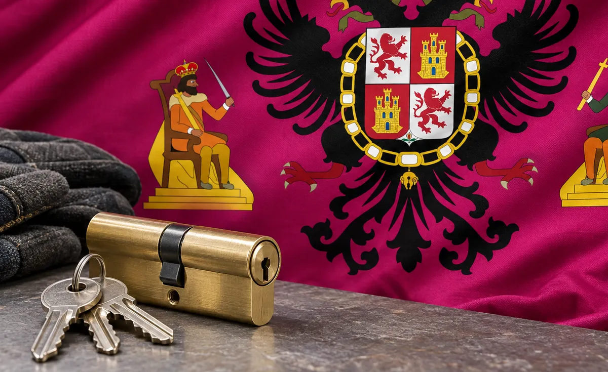 Cerrajeros en Noez: bandera de la provincia de Toledo y un bombín nuevo con llaves