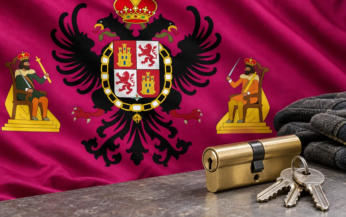 Cerrajeros en Nombela: bandera de la provincia de Toledo y un bombín nuevo con llaves