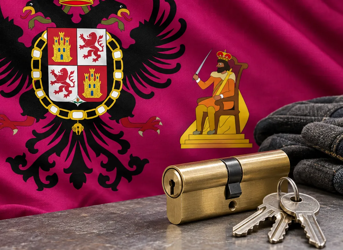 Cerrajeros en Olías del Rey: bandera de la provincia de Toledo y un bombín nuevo con llaves