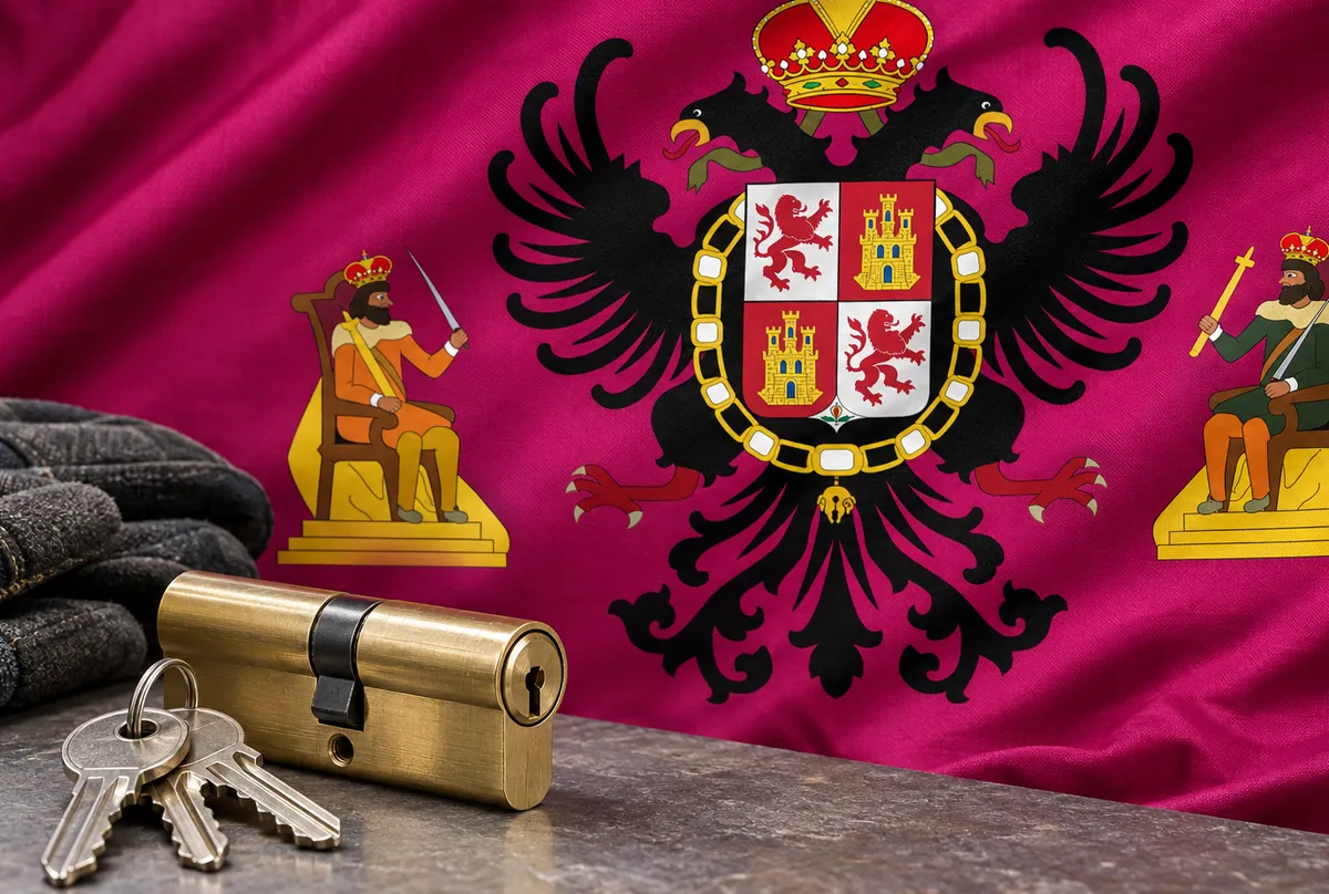 Cerrajeros en San Martín de Montalbán: bandera de la provincia de Toledo y un bombín nuevo con llaves