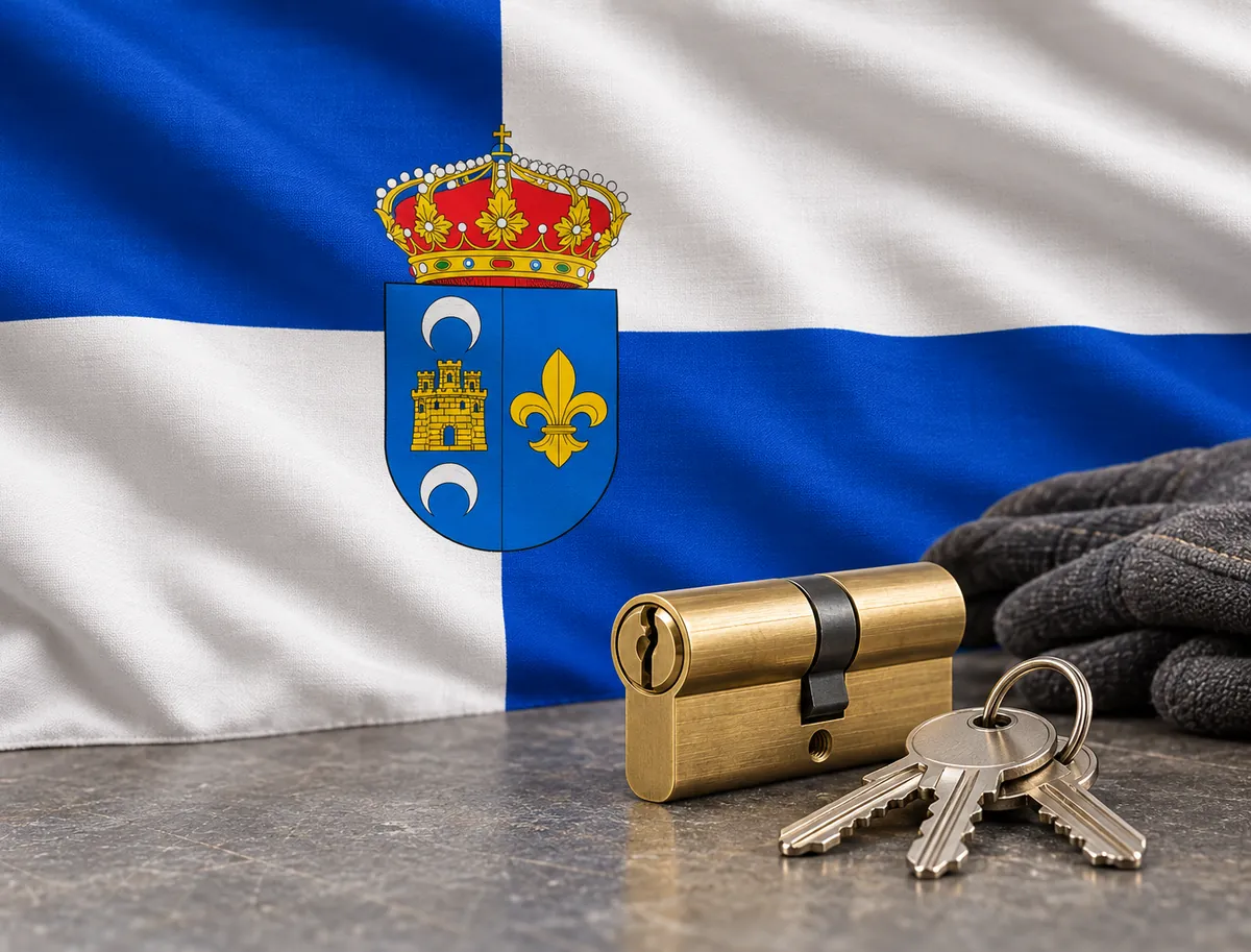Cerrajero urgente en Casarrubios del Monte: bandera de Casarrubios con su escudo y un bombín nuevo