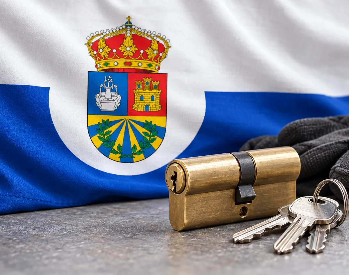 Cerrajero urgente en Fuenlabrada: bandera de Fuenlabrada con su escudo y un bombín nuevo