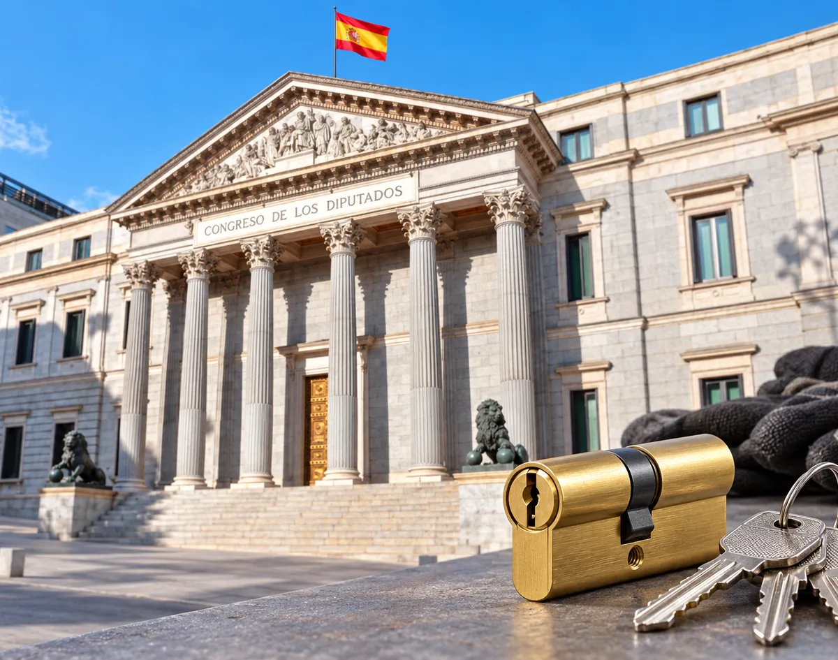 Cerrajero urgente en Cortes, Madrid: fachada del Congreso de los Diputados con sus leones y bombín nuevo con llaves