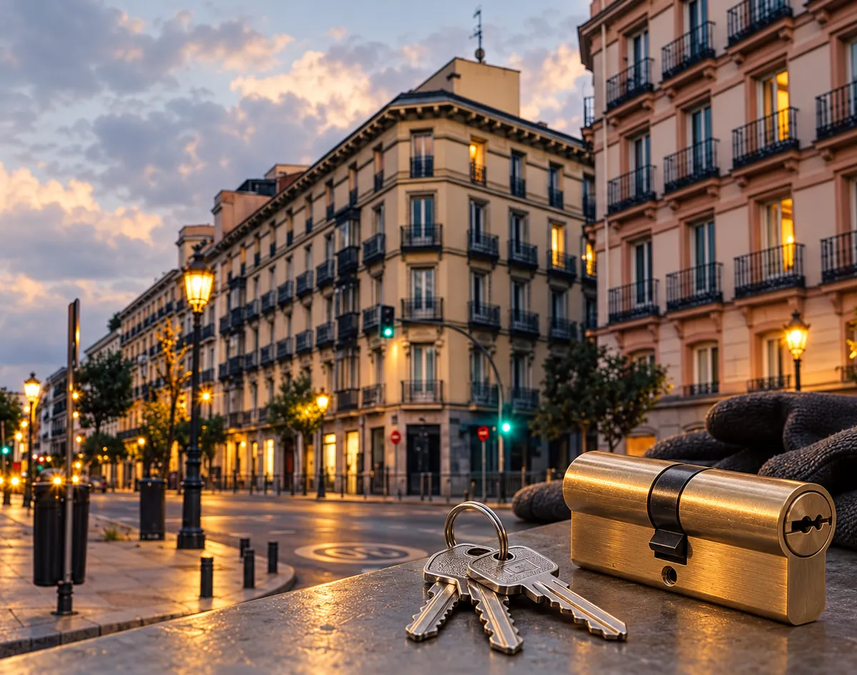 Calle del centro de Madrid al anochecer y bombín con llaves: cerrajero urgente en Justicia