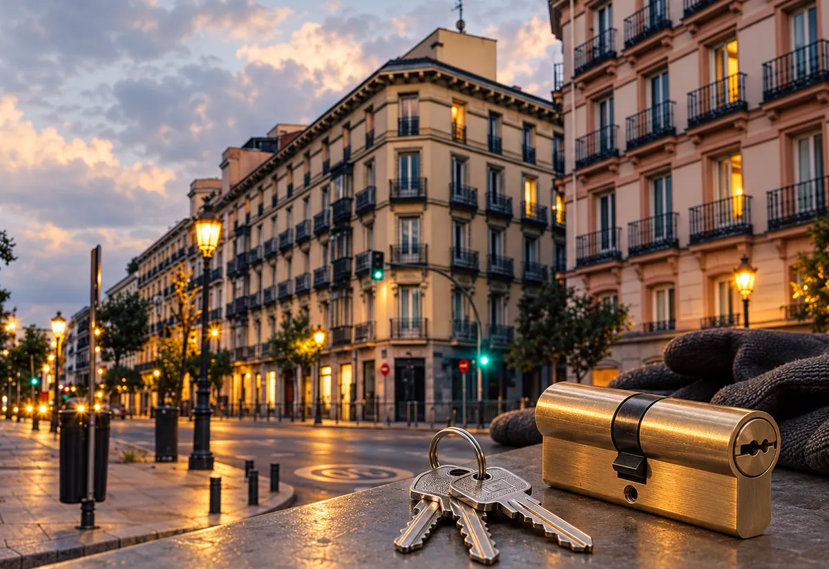 Calle de Universidad (Malasaña), Madrid, al atardecer, con edificios antiguos y un bombín de latón