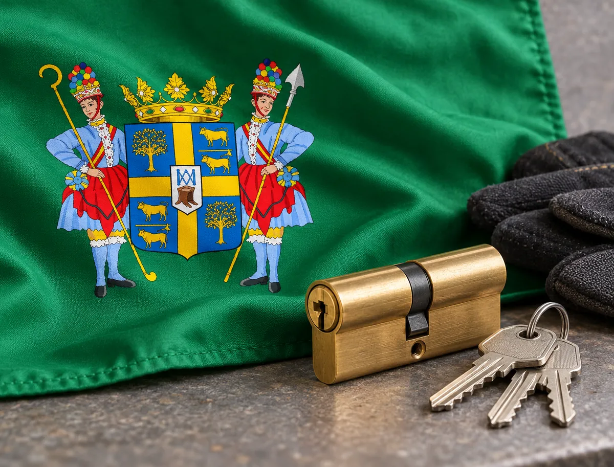 Cerrajero urgente en Méntrida: bandera de Méntrida con su escudo y un bombín nuevo