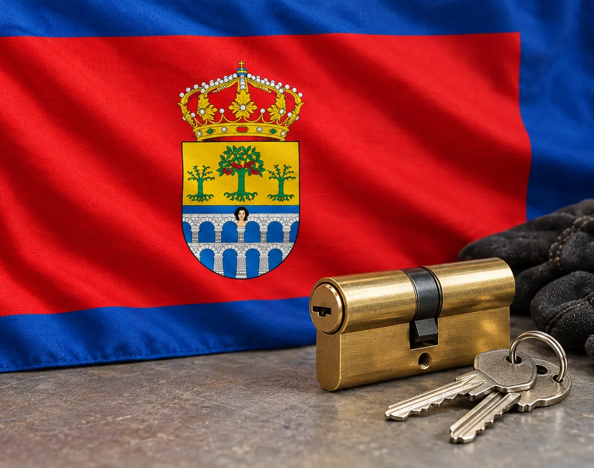 Cerrajero urgente en Moraleja de Enmedio: bandera de Moraleja con su escudo y un bombín nuevo