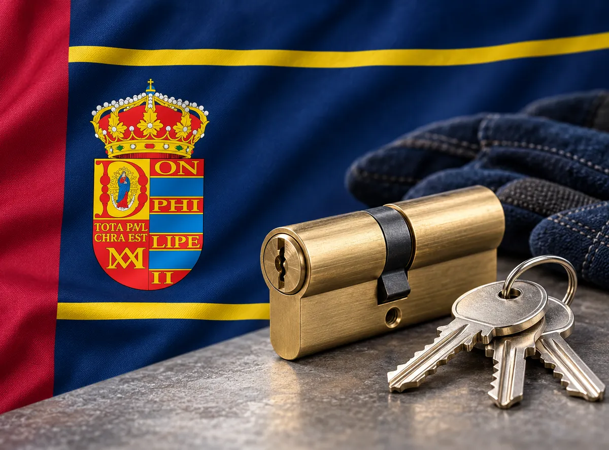 Cerrajero urgente en Móstoles: bandera de Móstoles y bombín nuevo con sus llaves