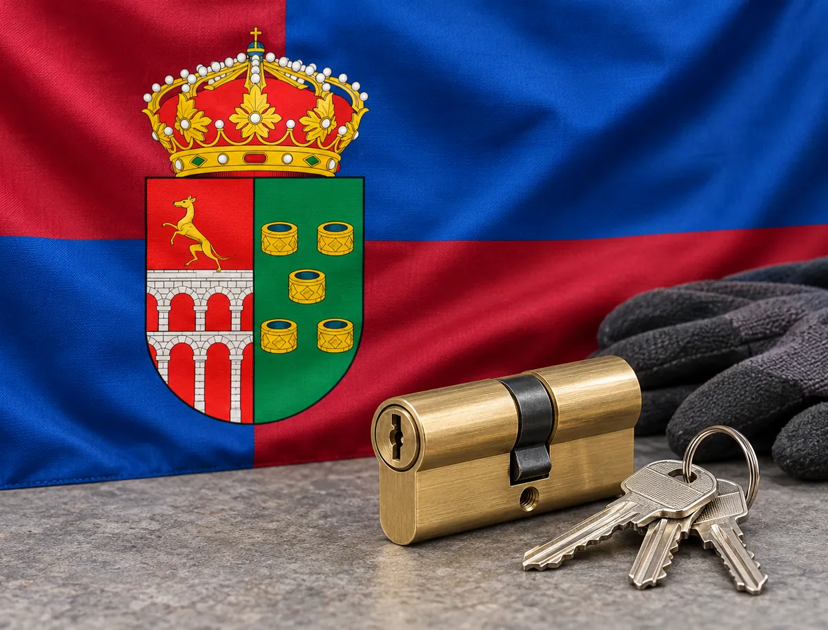 Cerrajero urgente en Valmojado: bandera de Valmojado con su escudo y un bombín nuevo