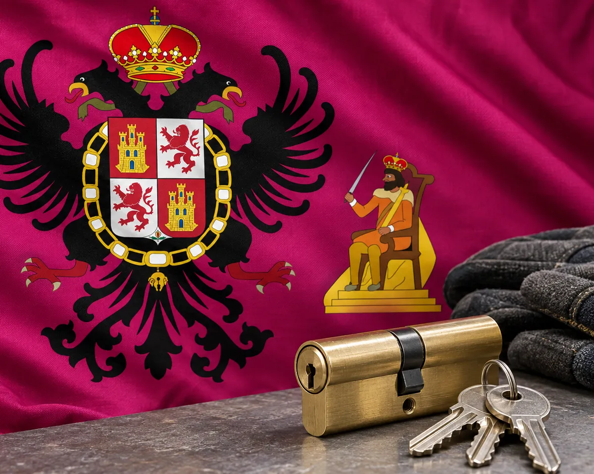 Cerrajeros en Villarejo de Montalbán: bandera de la provincia de Toledo y un bombín nuevo con llaves