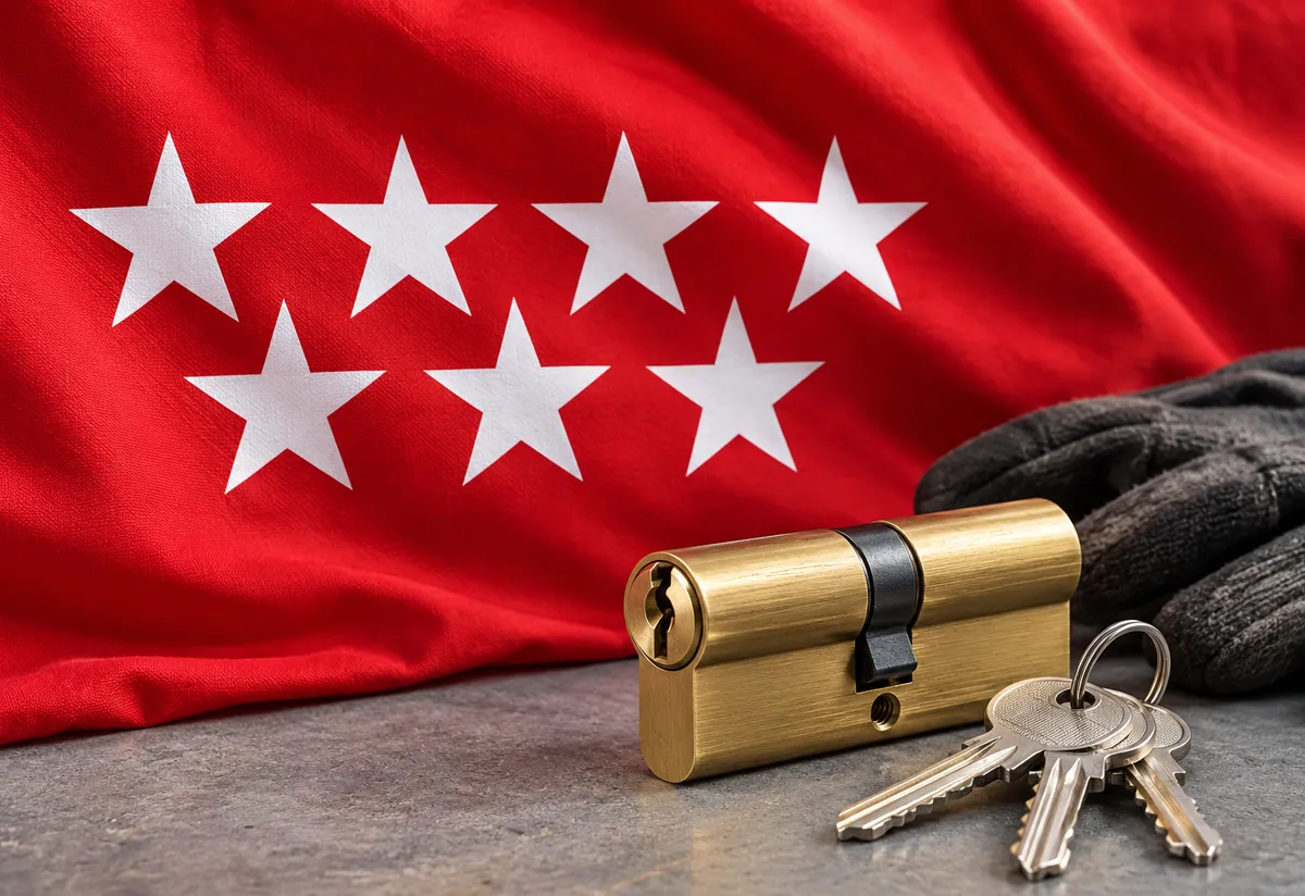 Flag of the Community of Madrid with a new lock cylinder and keys: locksmith in Arganzuela
