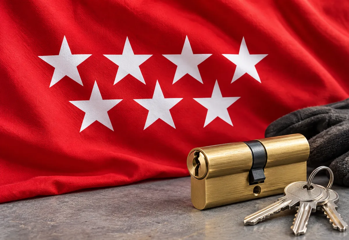 Flag of the Community of Madrid with a new lock cylinder and keys: locksmith in Chamartín
